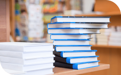 Books stacked in a spiral.