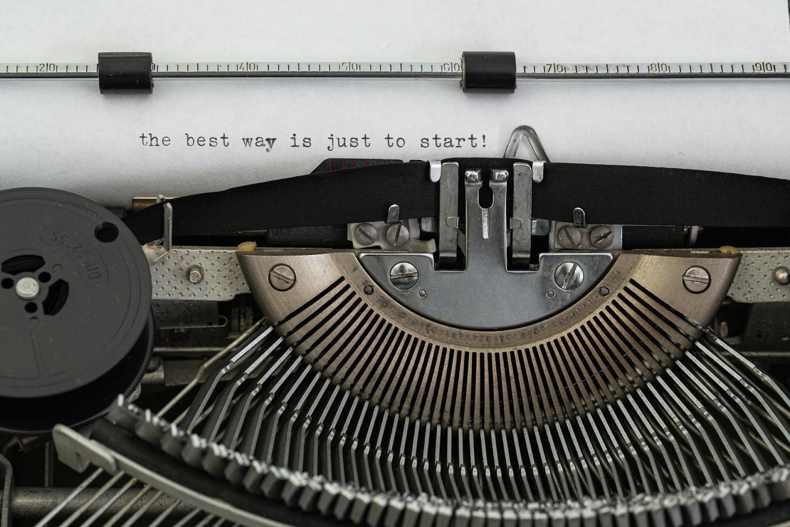 A typewriter with the words "the best way is just to start" written on paper.